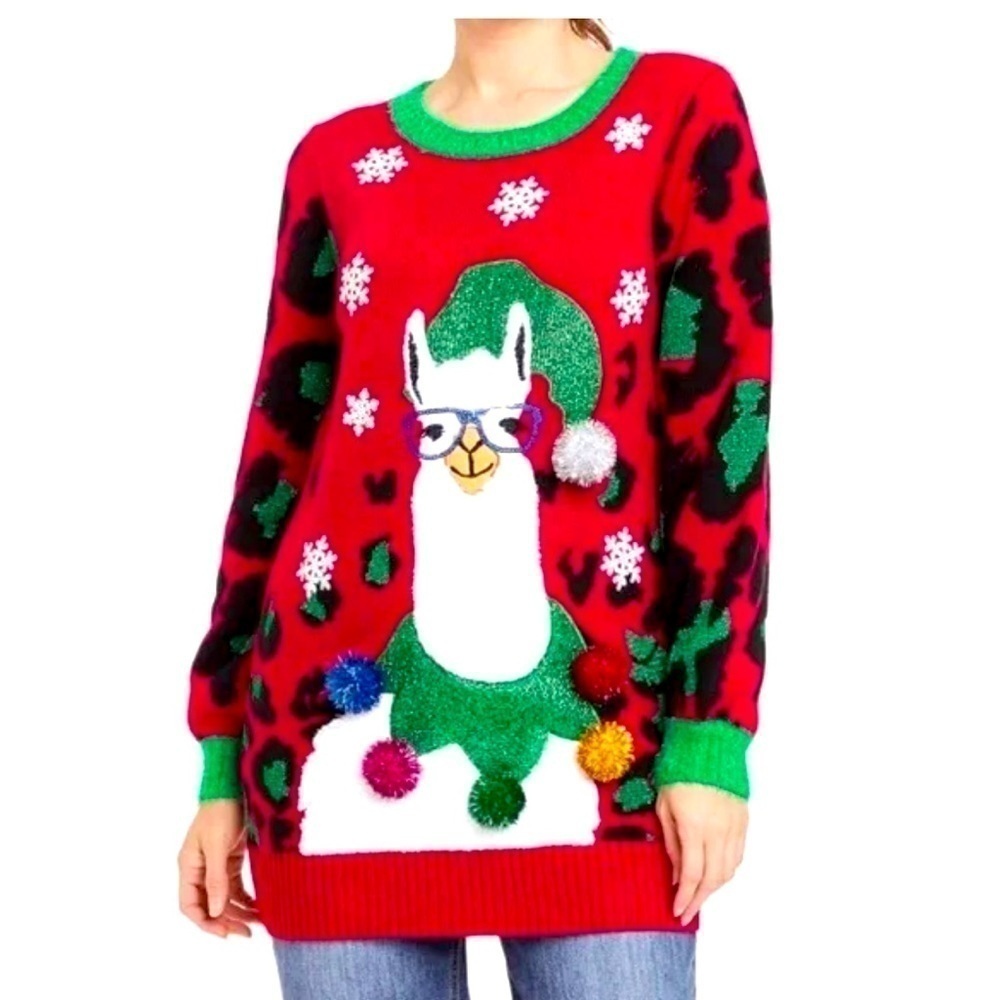 33 Degrees fuzzy Llama Sequin Ugly Christmas Tunic Knit Sweater size XS